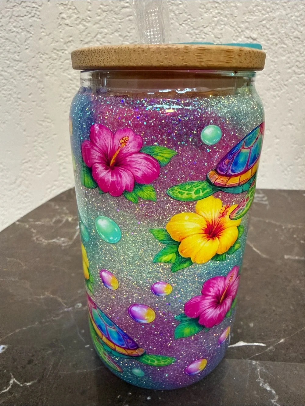 Sparkling Sea Turtles in Colorful Waters 12 oz Wine Glass Tumbler Cup with Lid